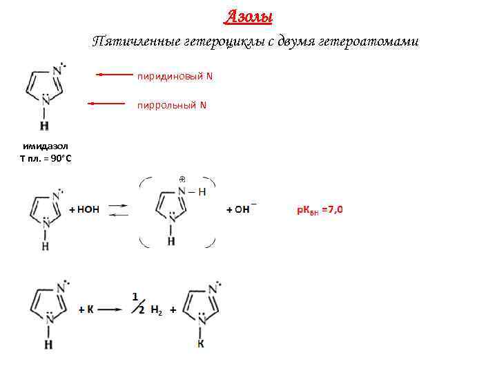Азолы Пятичленные гетероциклы с двумя гетероатомами пиридиновый N пиррольный N имидазол T пл. =