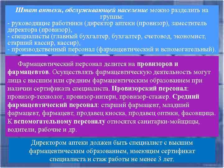 Штат аптеки, обслуживающей население можно разделить на группы: - руководящие работники (директор аптеки (провизор),