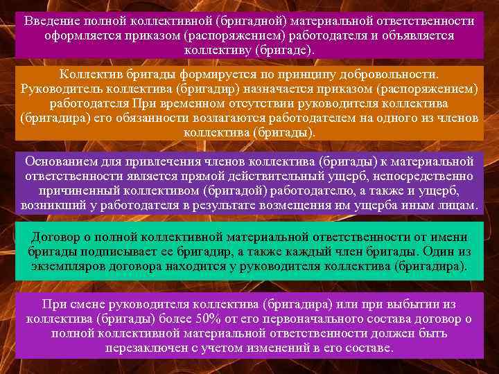 Введение полной коллективной (бригадной) материальной ответственности оформляется приказом (распоряжением) работодателя и объявляется коллективу (бригаде).