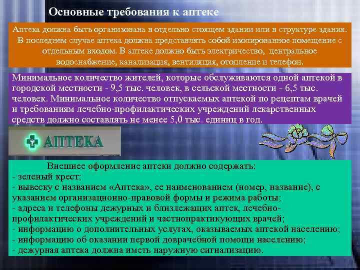 Основные требования к аптеке Аптека должна быть организована в отдельно стоящем здании или в