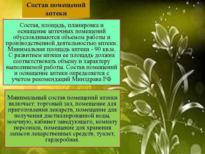 Состав помещений аптеки Состав, площадь, планировка и оснащение аптечных помещений обусловливаются объемом работы и