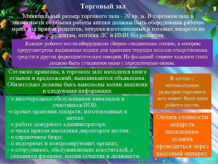 Торговый зал Минимальный размер торгового зала - 20 кв. м. В торговом зале в