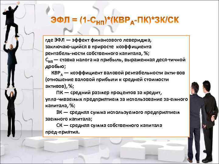 где ЭФЛ — эффект финансового левериджа, заключаю щийся в приросте коэффициента рентабель ности собственного