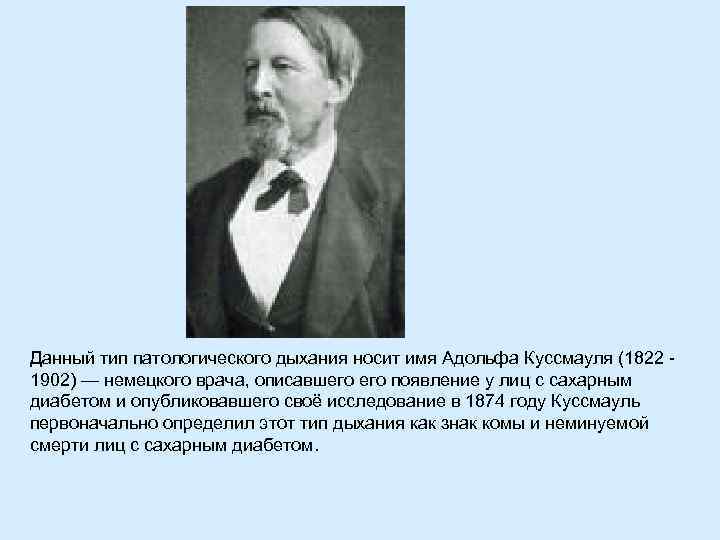 Данный тип патологического дыхания носит имя Адольфа Куссмауля (1822 1902) — немецкого врача, описавшего