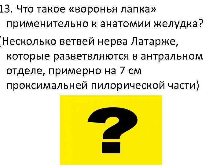 13. Что такое «воронья лапка» применительно к анатомии желудка? (Несколько ветвей нерва Латарже, которые