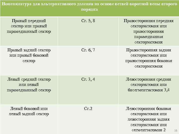 Номенклатура для альтернативного деления на основе ветвей воротной вены второго порядка Правый передний сектор