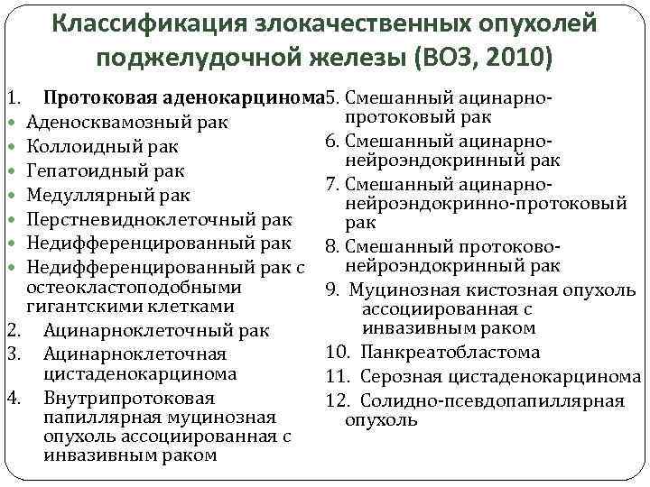 Классификация злокачественных опухолей поджелудочной железы (ВОЗ, 2010) 1. Протоковая аденокарцинома 5. Смешанный ацинарнопротоковый рак