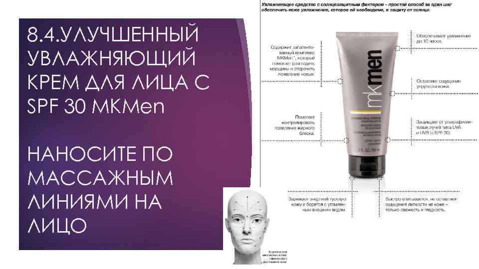 8. 4. УЛУЧШЕННЫЙ УВЛАЖНЯЮЩИЙ КРЕМ ДЛЯ ЛИЦА С SPF 30 MKMen НАНОСИТЕ ПО МАССАЖНЫМ