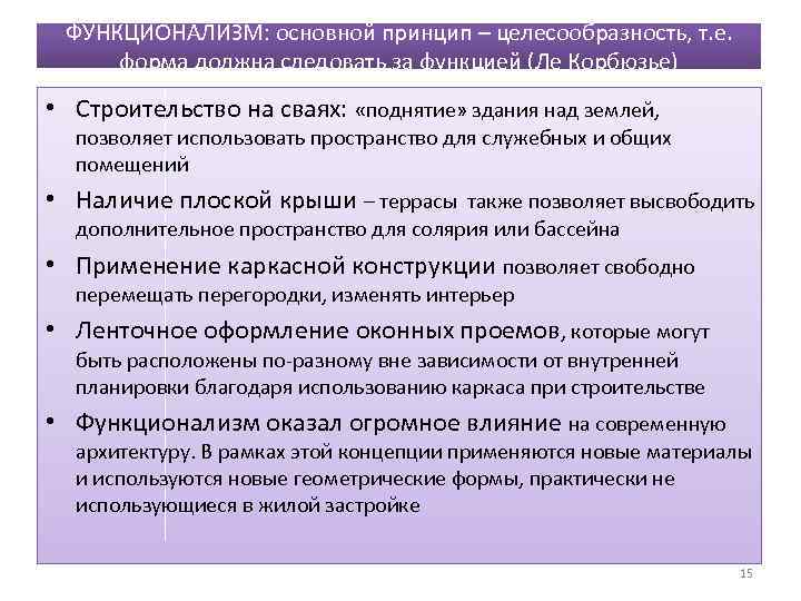 ФУНКЦИОНАЛИЗМ: основной принцип – целесообразность, т. е. форма должна следовать за функцией (Ле Корбюзье)