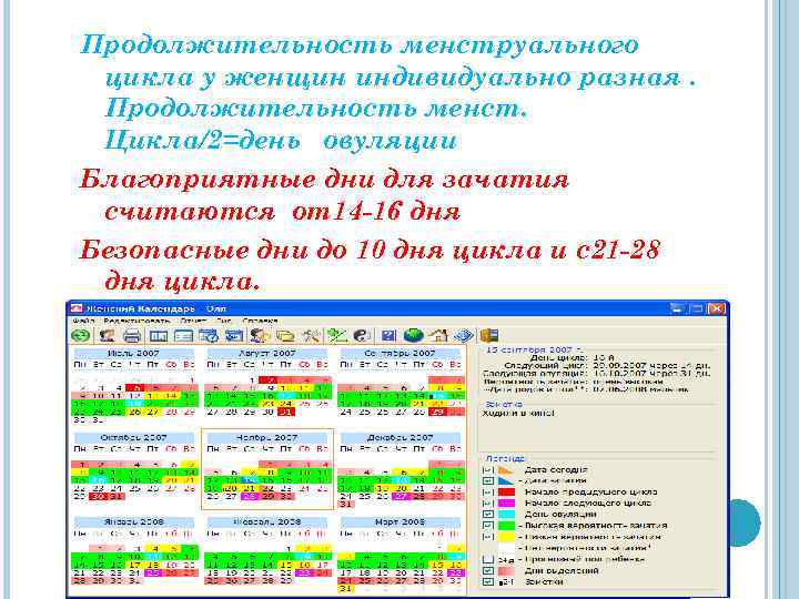 Продолжительность менструального цикла у женщин индивидуально разная. Продолжительность менст. Цикла/2=день овуляции Благоприятные дни для