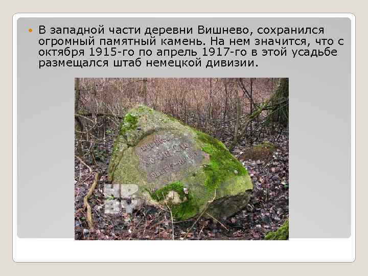  В западной части деревни Вишнево, сохранился огромный памятный камень. На нем значится, что