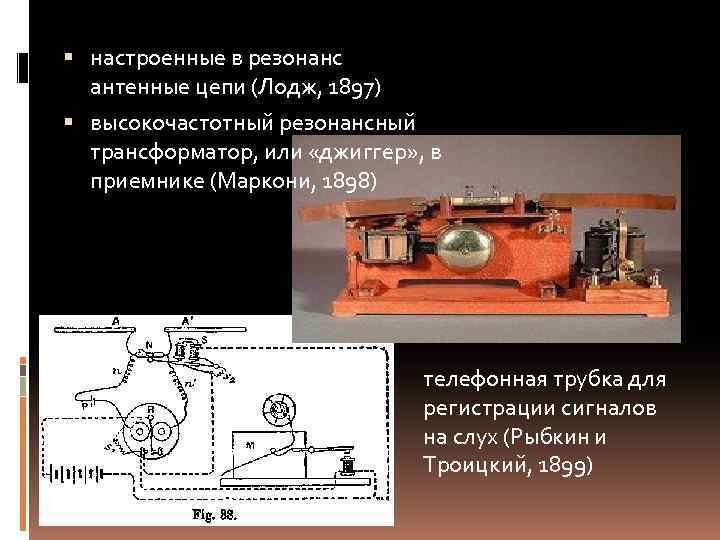  настроенные в резонанс антенные цепи (Лодж, 1897) высокочастотный резонансный трансформатор, или «джиггер» ,