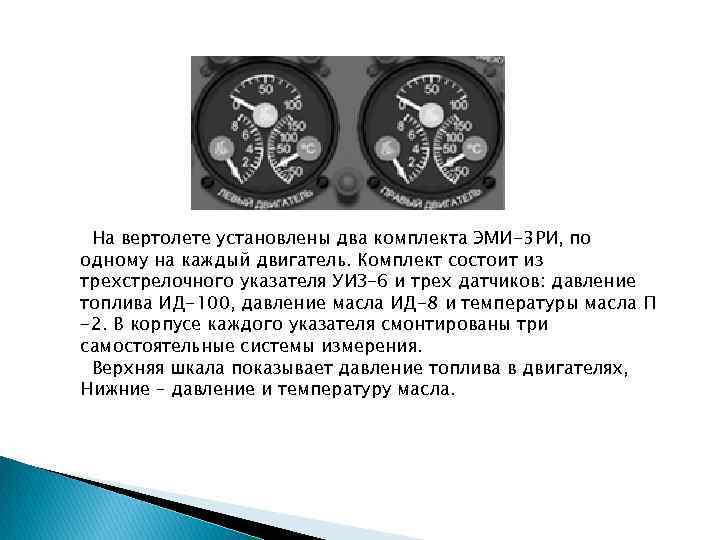 На вертолете установлены два комплекта ЭМИ-3 РИ, по одному на каждый двигатель. Комплект состоит