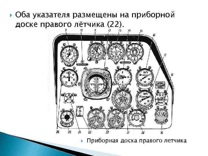  Оба указателя размещены на приборной доске правого лётчика (22). Приборная доска правого летчика