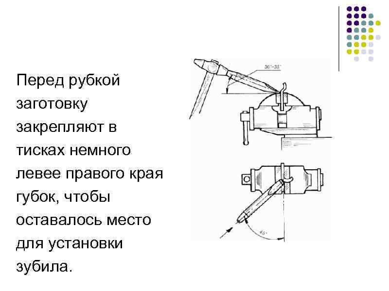 Перед рубкой заготовку закрепляют в тисках немного левее правого края губок, чтобы оставалось место