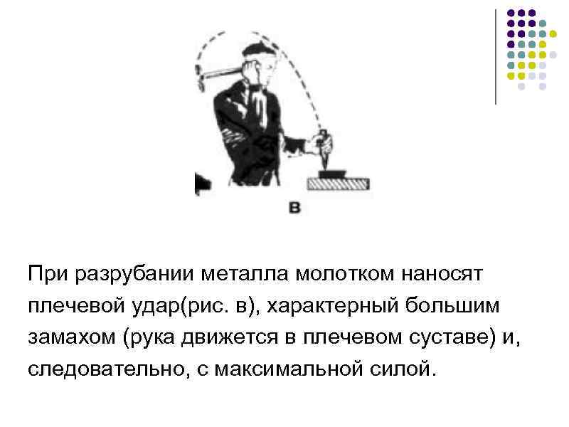 При разрубании металла молотком наносят плечевой удар(рис. в), характерный большим замахом (рука движется в