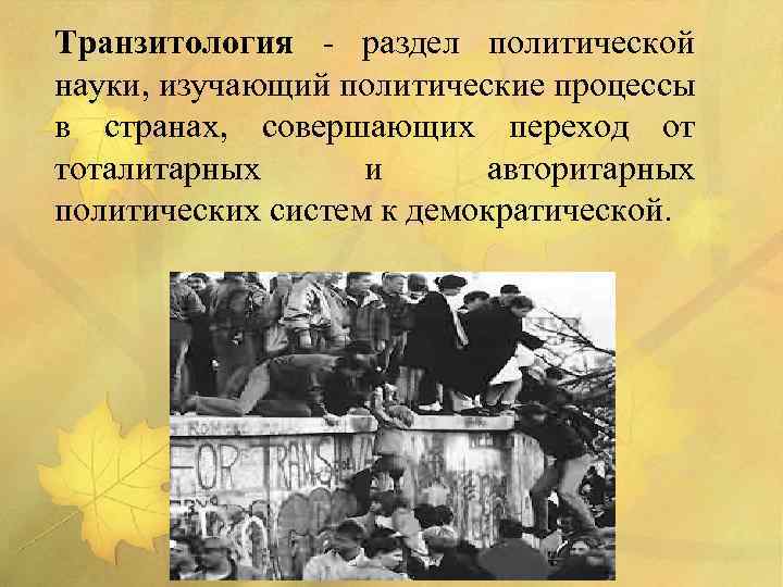 Транзитология - раздел политической науки, изучающий политические процессы в странах, совершающих переход от тоталитарных