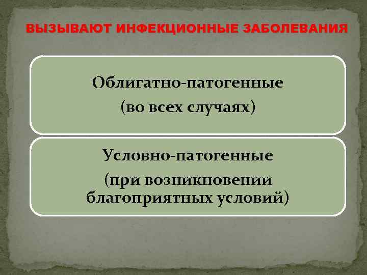 ВЫЗЫВАЮТ ИНФЕКЦИОННЫЕ ЗАБОЛЕВАНИЯ Облигатно-патогенные (во всех случаях) Условно-патогенные (при возникновении благоприятных условий) 