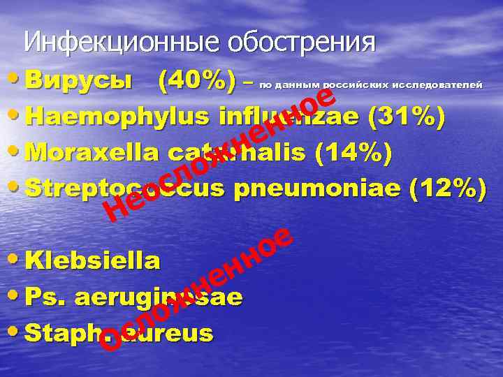 Инфекционные обострения • Вирусы (40%) – ое (31%) • Haemophylus influenzae н ен (14%)