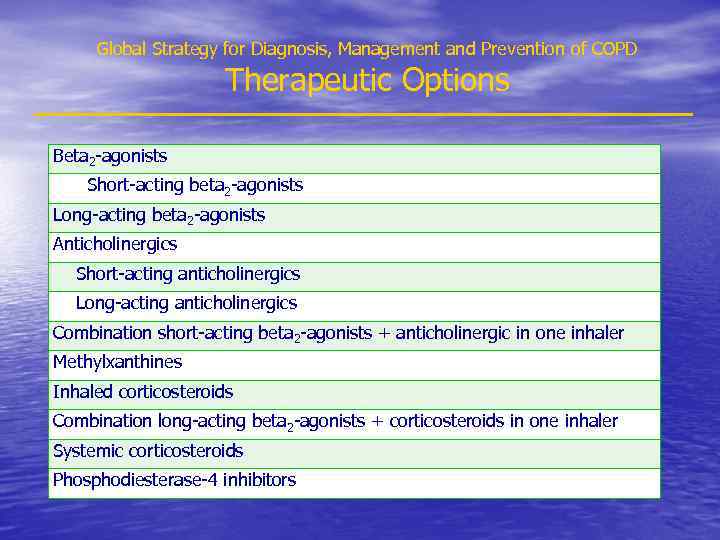 Global Strategy for Diagnosis, Management and Prevention of COPD Therapeutic Options Beta 2 -agonists