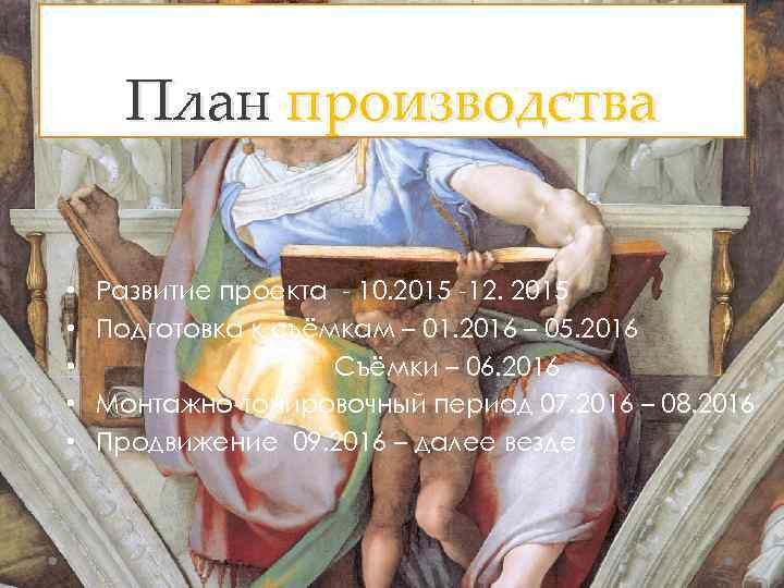 План производства • • • Развитие проекта - 10. 2015 -12. 2015 Подготовка к