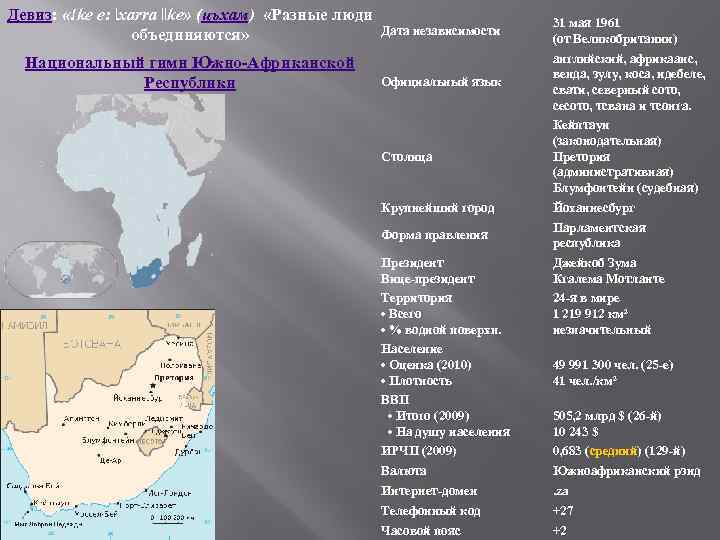 Девиз: «!ke e: ǀxarra ǁke» (цъхам) «Разные люди Дата независимости объединяются» Национальный гимн Южно-Африканской