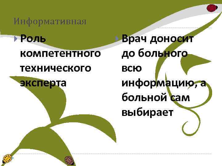 Информативная Роль компетентного технического эксперта Врач доносит до больного всю информацию, а больной сам