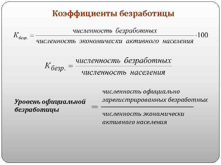 Уровень официальной. Коэффициент зарегистрированной безработицы. Общий коэффициент безработицы. Общий коэффициент безработицы формула. Уровень (коэффициент) безработицы - это.