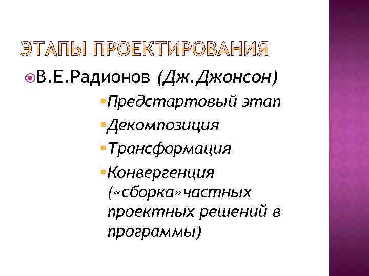  В. Е. Радионов (Дж. Джонсон) §Предстартовый этап §Декомпозиция §Трансформация §Конвергенция ( «сборка» частных