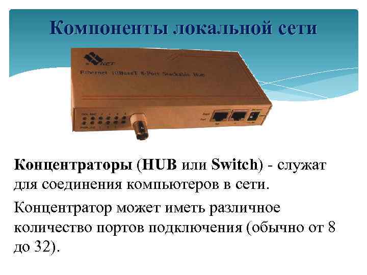 Компоненты локальной сети Концентраторы (HUB или Switch) - служат для соединения компьютеров в сети.