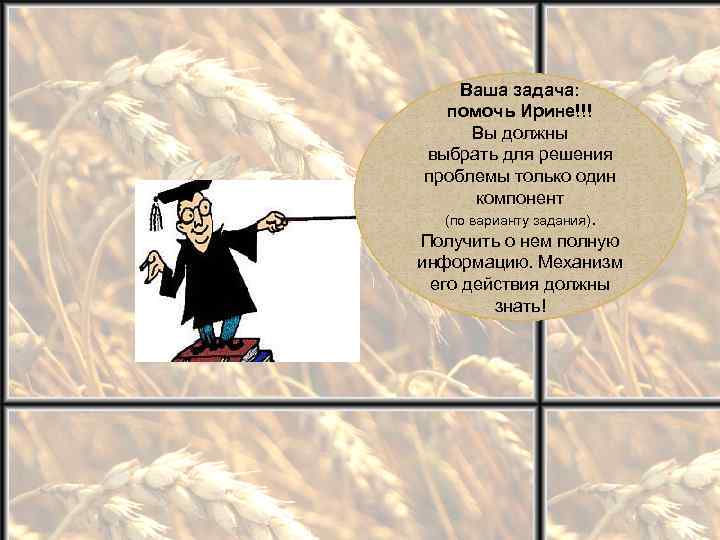 Ваша задача: помочь Ирине!!! Вы должны выбрать для решения проблемы только один компонент (по