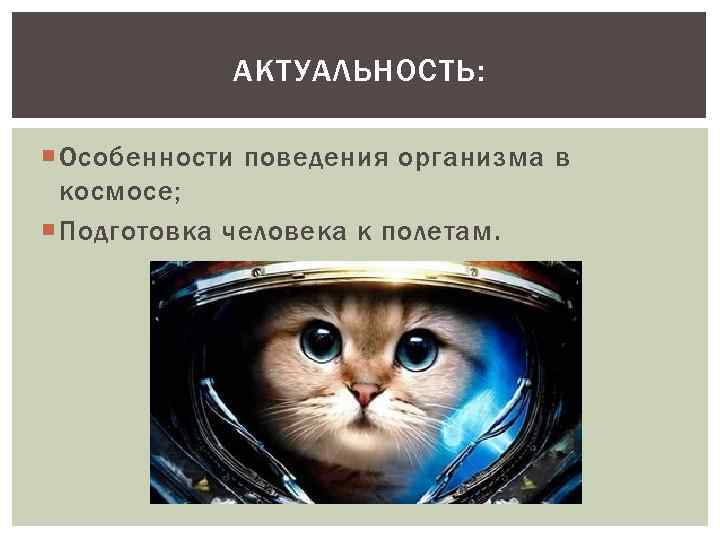 АКТУАЛЬНОСТЬ: Особенности поведения организма в космосе; Подготовка человека к полетам. 