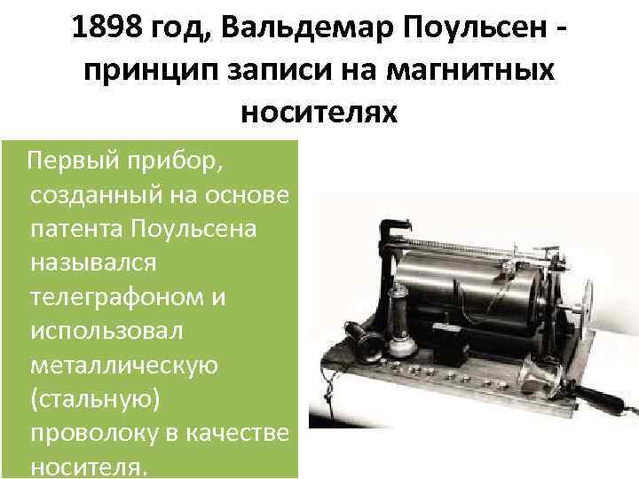 1898 год, Вальдемар Поульсен принцип записи на магнитных носителях Первый прибор, созданный на основе