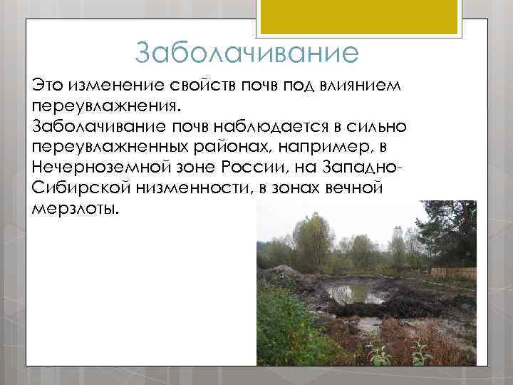 Заболачивание Это изменение свойств почв под влиянием переувлажнения. Заболачивание почв наблюдается в сильно переувлажненных