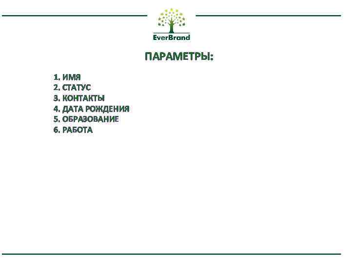ПАРАМЕТРЫ: 1. ИМЯ 2. СТАТУС 3. КОНТАКТЫ 4. ДАТА РОЖДЕНИЯ 5. ОБРАЗОВАНИЕ 6. РАБОТА