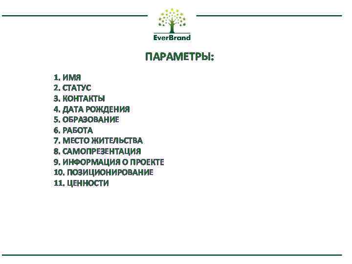 ПАРАМЕТРЫ: 1. ИМЯ 2. СТАТУС 3. КОНТАКТЫ 4. ДАТА РОЖДЕНИЯ 5. ОБРАЗОВАНИЕ 6. РАБОТА