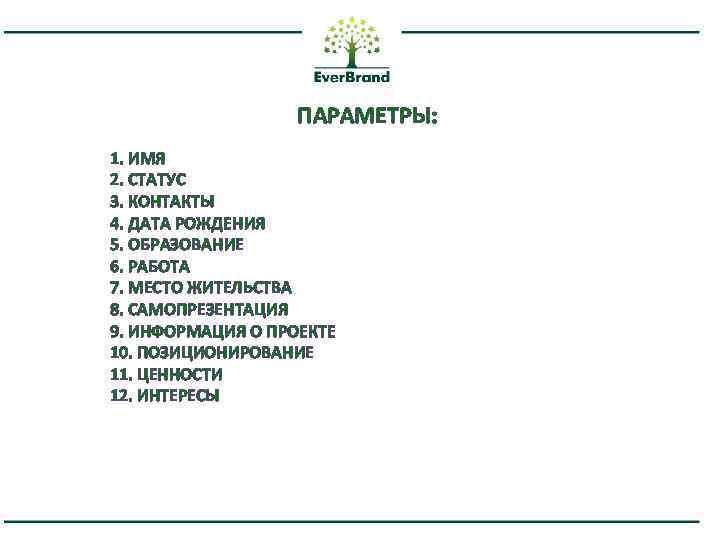 ПАРАМЕТРЫ: 1. ИМЯ 2. СТАТУС 3. КОНТАКТЫ 4. ДАТА РОЖДЕНИЯ 5. ОБРАЗОВАНИЕ 6. РАБОТА