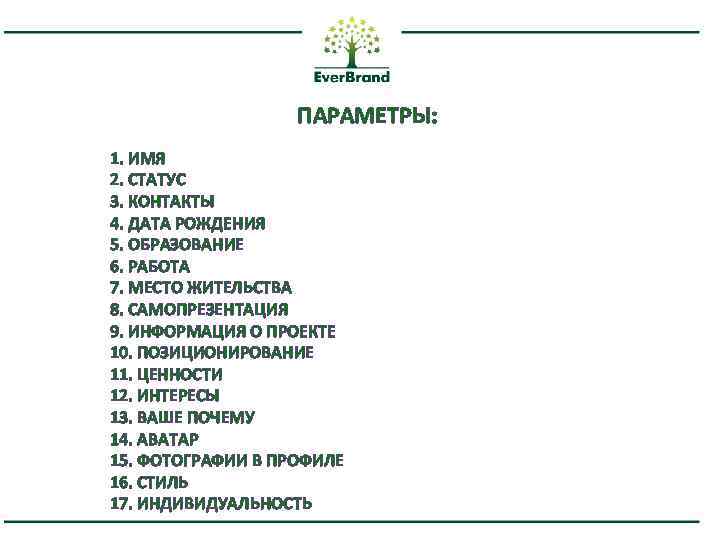 ПАРАМЕТРЫ: 1. ИМЯ 2. СТАТУС 3. КОНТАКТЫ 4. ДАТА РОЖДЕНИЯ 5. ОБРАЗОВАНИЕ 6. РАБОТА