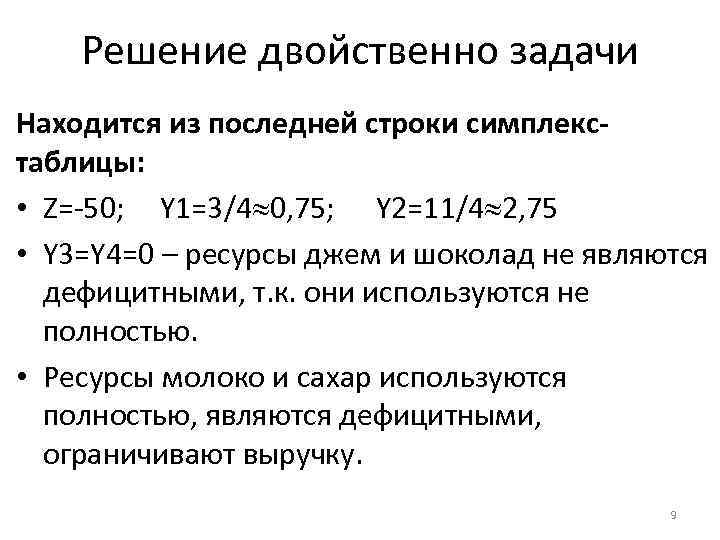 Решение двойственно задачи Находится из последней строки симплекстаблицы: • Z=-50; Y 1=3/4 0, 75;