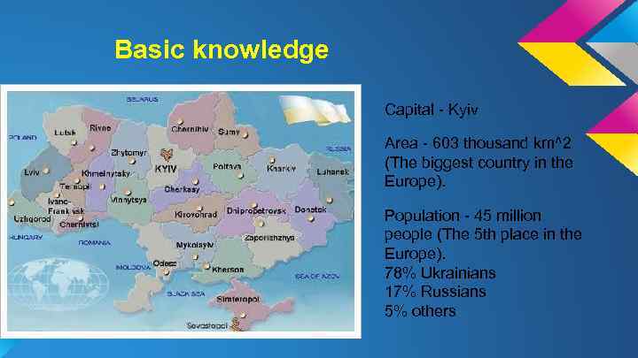 Basic knowledge Capital - Kyiv Area - 603 thousand km^2 (The biggest country in
