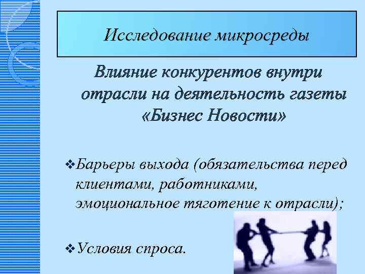 Исследование микросреды Влияние конкурентов внутри отрасли на деятельность газеты «Бизнес Новости» v. Барьеры выхода