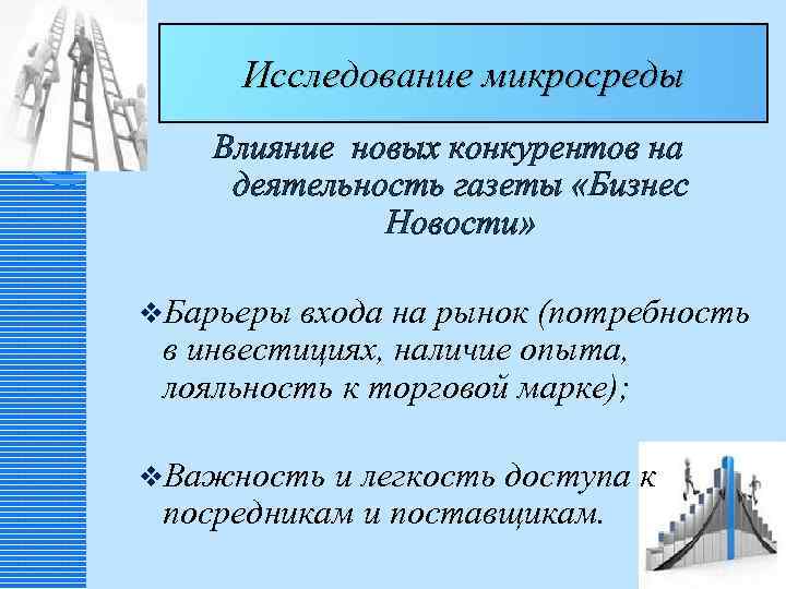 Исследование микросреды Влияние новых конкурентов на деятельность газеты «Бизнес Новости» v. Барьеры входа на