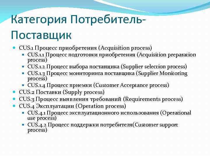Категория Потребитель. Поставщик CUS. 1 Процесс приобретения (Acquisition process) СUS. 1. 1 Процесс подготовки