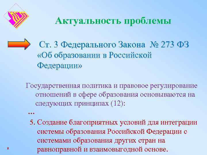 Актуальность проблемы Ст. 3 Федерального Закона № 273 ФЗ «Об образовании в Российской Федерации»