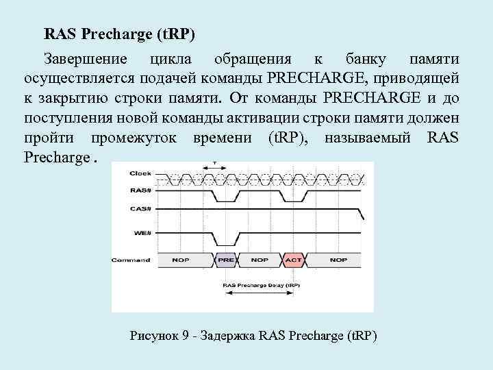 RAS Precharge (t. RP) Завершение цикла обращения к банку памяти осуществляется подачей команды PRECHARGE,
