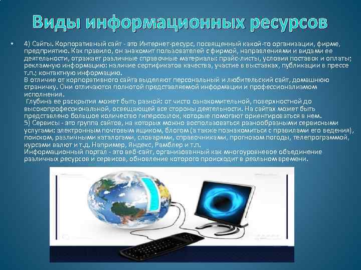 Виды информационных ресурсов • 4) Сайты. Корпоративный сайт - это Интернет-ресурс, посвященный какой-то организации,