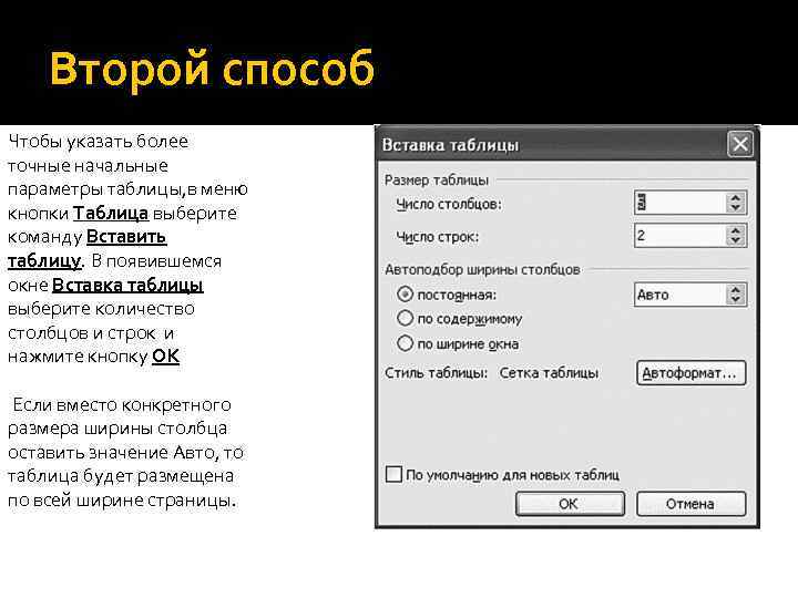 Если вместо конкретного размера ширины столбца оставить значение Авто, то таблица будет размещена по