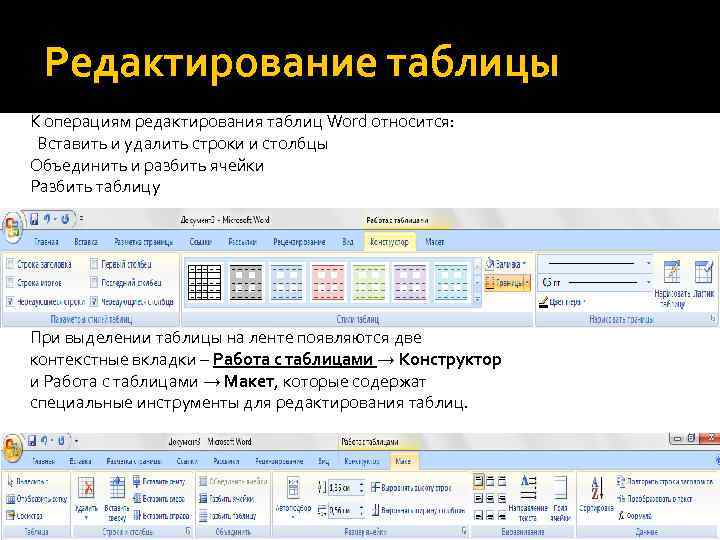 ели инструментов, · контекстного меню любой ячейки или диапазона выделенных ячеек. Редактирование таблицы К