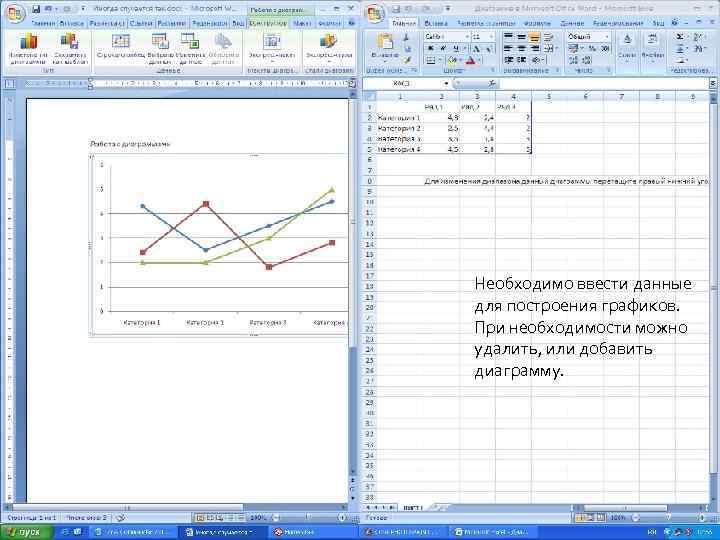 Необходимо ввести данные для построения графиков. При необходимости можно удалить, или добавить диаграмму. 