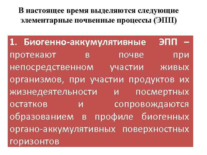 В настоящее время выделяются следующие элементарные почвенные процессы (ЭПП) 1. Биогенно-аккумулятивные ЭПП – протекают